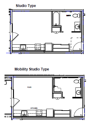 Floor plan for studio, 1 bath, 335 sqft